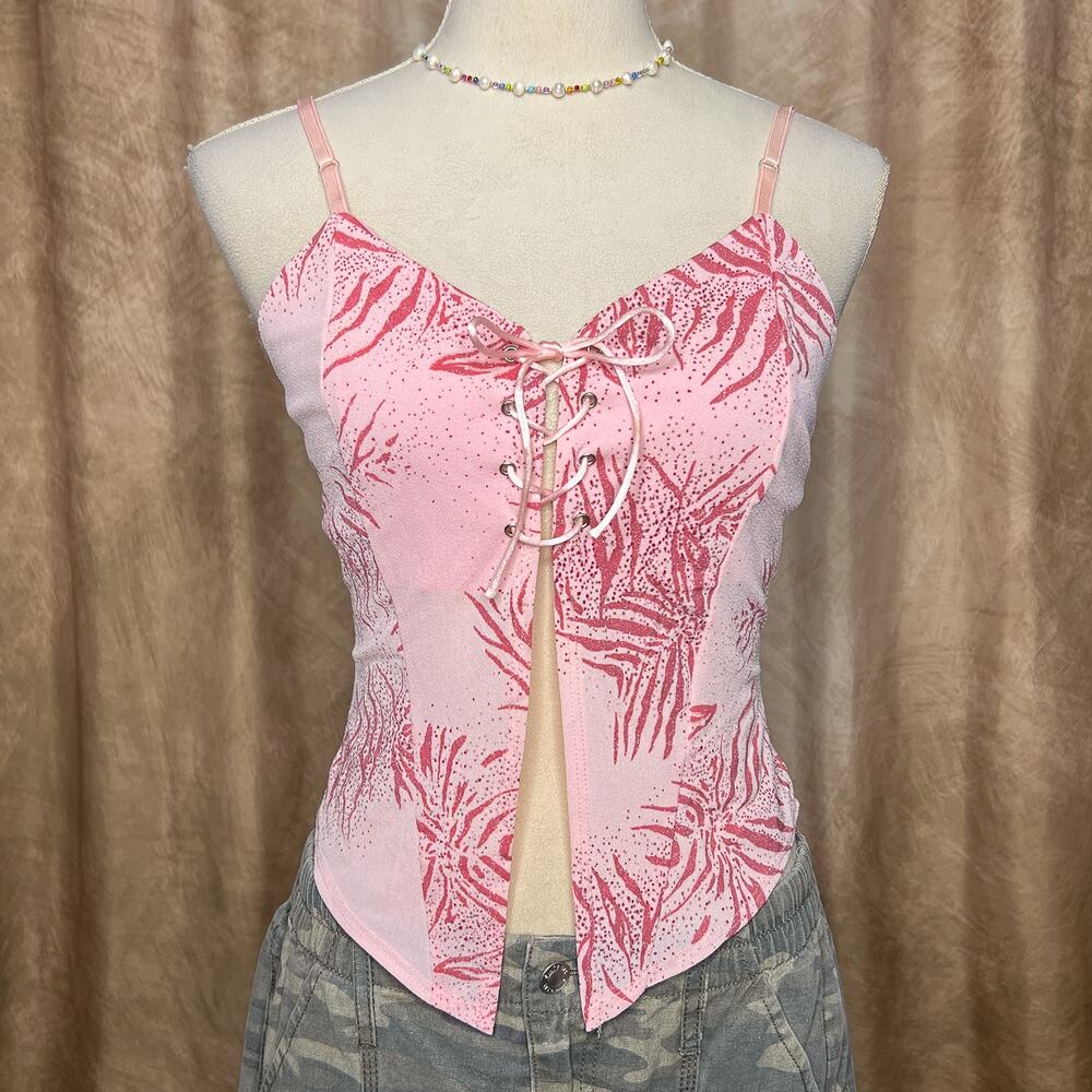 Vintage Y2K Lace Up Tank Top Cami Tiger Animal Print Pink Glitter McBling Euro